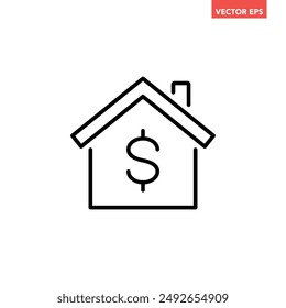 Black single house price line icon, simple real estate value flat design concept vector for app ads web banner button ui ux interface elements isolated on white background