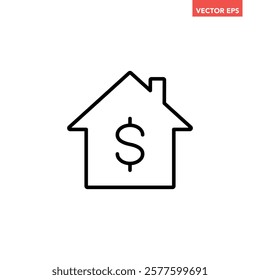 Black single house price line icon, simple real estate value flat design concept vector for app ads web banner button ui ux interface elements isolated on white background