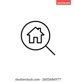 Black single house search line icon, simple search home glass flat design vector pictogram, infographic vector for app logo web button banner ui ux interface elements isolated on white background