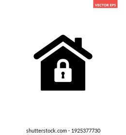 Black Single House Under Protection Icon, Simple Safe Home Lock Defence Flat Design Concept Vector For App Ads Web Banner Button Ui Ux Interface Elements Isolated On White Background