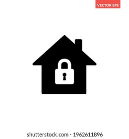 Black Single House Under Protection Icon, Simple Safe Home Lock Defence Flat Design Concept Vector For App Ads Web Banner Button Ui Ux Interface Elements Isolated On White Background