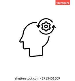 Black single human head with circular gear line icon, simple adaptation processing idea  flat design pictogram vector for app ads web button ui interface elements isolated on white background