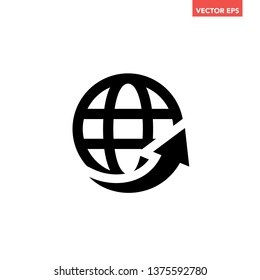 Black single international globe with rise  turn up arrow icon, infographic interface concept elements, app ui ux web button logo, graphic pictogram flat design vector isolated on white background