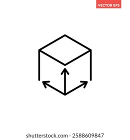 Black single isometric cube with axes line icon, simple tridimensional coordinate Spaces flat design pictogram vector for app ads web banner ui ux interface element isolated on white background