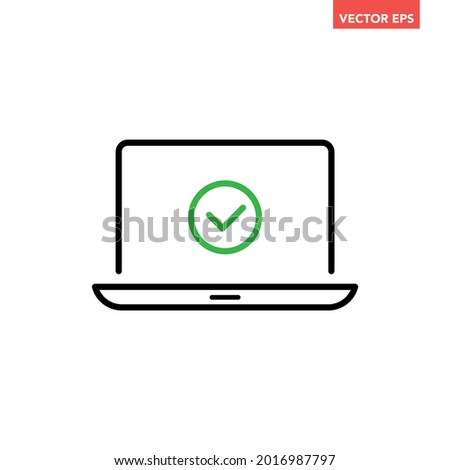 Black single laptop with green check line icon, simple digital finished process flat design pictogram, infographic vector for app logo web button ui ux interface element isolated on white background