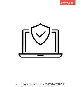 Black single laptop with security shield line icon, simple digital technology flat design infographic pictogram vector, for app logo web button ui ux interface elements isolated on white background