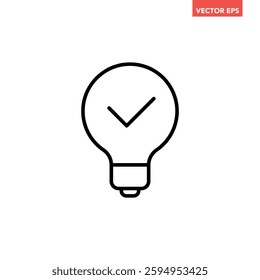 Black single light bulb with tick line icon, simple modern efficiency flat design interface infographic element for app ui ux web button, vector isolated on white background