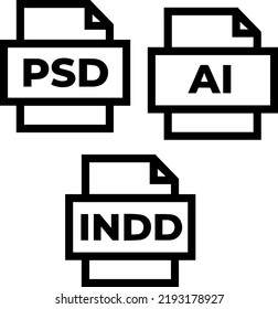 Black single line PSD, AI and INDD document data file format icon concept. Simple modern flat design element.Isolated on white background.