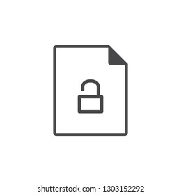 Black single line unlock document data file format icon concept. Simple flat design vector infographic pictogram for app ads web website button ui ux interface elements isolated on white background