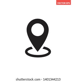 Black single location pin with ring circle icon, simple flat design tracking location tag interface infographic pictogram elements, app ui ux web button logo, vector isolated on white background