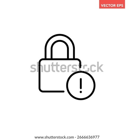 Black single lock with exclamation mark line icon, simple login access denied flat design pictogram, infographic vector for app logo web button ui ux interface elements isolated on white background
