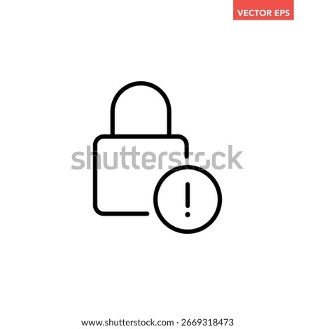 Black single lock with exclamation mark line icon, simple login access denied flat design pictogram, infographic vector for app logo web button ui ux interface elements isolated on white background