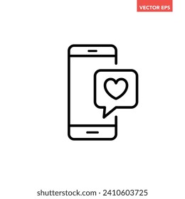 Black single love message on smartphone line icon, simple online dating flat design pictogram, infographic vector for app logo web button ui ux interface elements isolated on white background