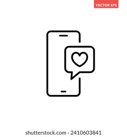 Teléfono inteligente simple negro con icono de la línea de mensajes de burbuja cardíaca, pictograma de diseño plano gráfico digital simple, vector infográfico para el logotipo de la aplicación botón web ui ux interfaz aislado en fondo blanco