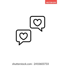Black single love messaging thin line icon, simple online dating chatting flat design pictogram, infographic vector for app logo web button ui ux interface elements isolated on white background