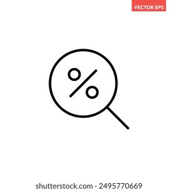Black single magnifying glass with percent line icon, simple discount offer search flat design pictogram vector for app ads web banner button ui ux interface elements isolated on white background