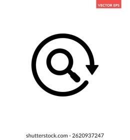 Black single magnifying glass sync line icon, simple repeat search flat design vector pictogram, infographic vector for app logo web button banner ui ux interface elements isolated on white background