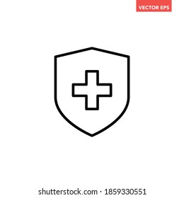 Black single medical shield line icon, simple immune system badge flat design vector pictogram, infographic vector for app logo web website button ui ux interface elements isolated on white background