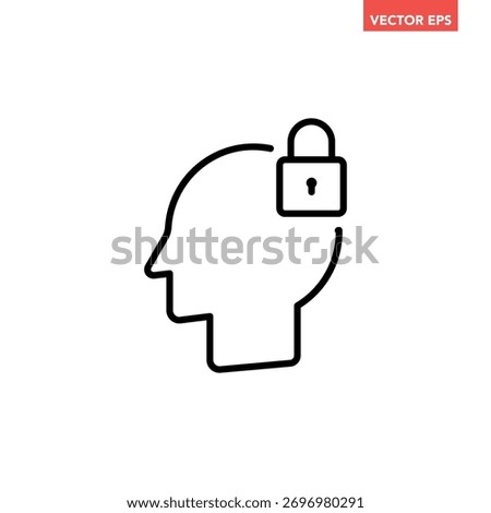 Black single mind lock line icon, simple mental block symbol flat design infographic pictogram vector for app logo ads web button ui ux interface elements isolated on white background
