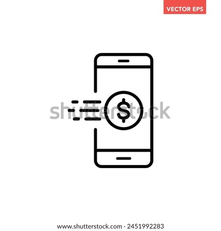 Black single mobile payment line icon, simple easy pay by phone flat design pictogram vector for app ads web banner button ui ux interface elements isolated on white background