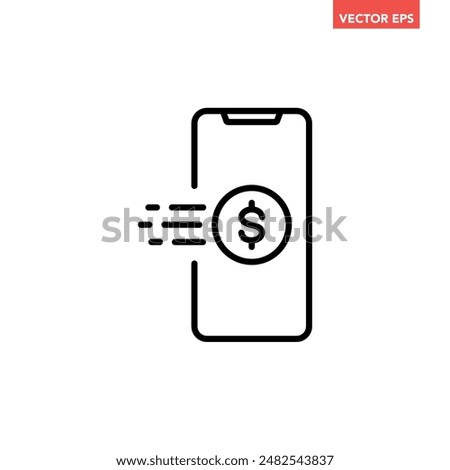 Black single mobile payment line icon, simple easy pay by phone flat design pictogram vector for app ads web banner button ui ux interface elements isolated on white background