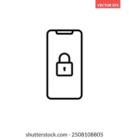 Black single mobile security line icon, simple technology phone lock flat design pictogram vector for app ads web banner button ui ux interface elements isolated on white background