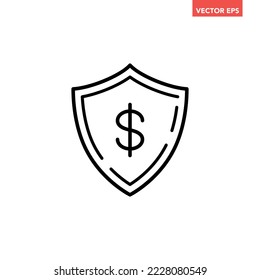 Black single money protection shield line icon, simple dollar shield shape flat design pictogram, infographic vector for app logo web button ui ux interface elements isolated on white background