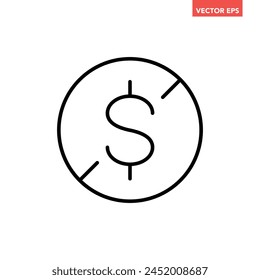 Black single no cash line icon, simple tax free charge flat design infographic pictogram vector, for app logo web button ui ux interface elements isolated on white background