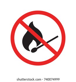 Black single no fire match, no open flame red sign icon, simple warning flat design pictogram concept vector for app ads web banner button ui ux interface elements isolated on white background