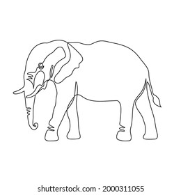 Black single one line drawing of the Elephant isolated on white background. One line art design. Vector illustration for postcard, banner, decor, design, arts, web, advirtising, articles.