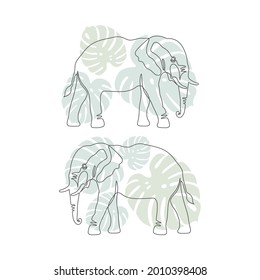 Black single one line drawing of the Elephant with green leaf of monstera isolated on white. One line art design. Vector illustration for postcard, banner, arts, web, advirtising, articles.