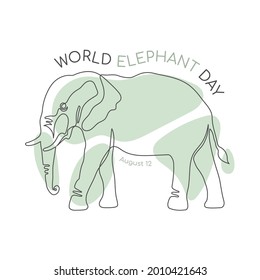 Dibujo negro de una sola línea del Elefante con manchas verdes aisladas en blanco. Diseño de una línea de arte. Ilustración vectorial del Día Mundial del Elefante, postal, banner, web, publicidad, artículos.