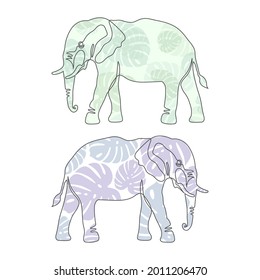 Black single one line drawing of the Elephant with green, blue leaf of monstera isolated on white. One line art design. Vector illustration for postcard, banner, arts, web, advirtising, articles.