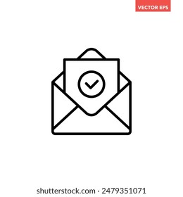 Schwarze offene E-Mail mit Häkchensymbol bestätigen, simple Mail Received Flat Design Vektorgrafik Piktogramm, Infografik-Interface-Elemente für App-Logo-Web-Button ui ux isoliert auf weißem Hintergrund