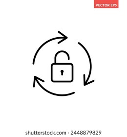 Black single open lock line icon, simple secure protection flat design vector pictogram, infographic vector for app logo web website button banner ui interface elements isolated on white background