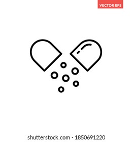 Black single open pill line icon, simple health equipment flat design vector pictogram, infographic vector for app logo web website button banner ui ux interface elements isolated on white background