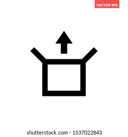 Black single opened box with up arrow soils line icon, box out concept, modern simple flat design concept vector for app ads web banner button ui ux interface elements isolated on white background