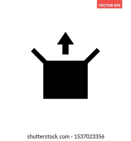 Black single opened box with up arrow icon, box out concept, modern simple flat design concept vector for app ads web banner button ui ux interface elements isolated on white background