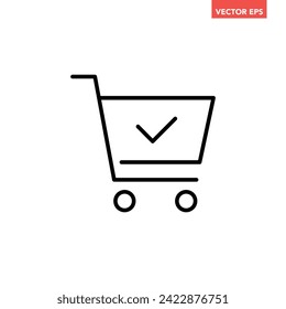 Black single order completed line icon, simple shopping cart with check mark flat design vector pictogram, interface elements for app logo web button ui ux isolated on white background