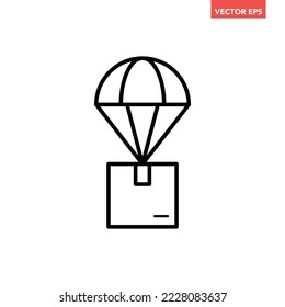 Black single parachute delivery service line icon, simple sending package flat design pictogram, infographic vector for app logo web button ui ux interface elements isolated on white background