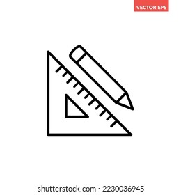 Black single pencil and ruler line icon, simple education tool flat design pictogram, infographic vector for app logo web button ui ux interface elements isolated on white background