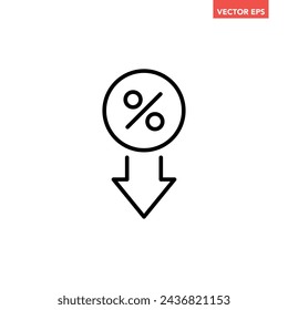 Black single percent rate down line icon, simple financial lower percent flat design pictogram, infographic interface elements for app logo web website button ui ux isolated on white background