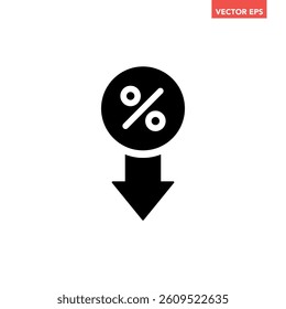 Black single percent rate down line icon, simple financial lower percent flat design pictogram, infographic interface elements for app logo web website button ui ux isolated on white background