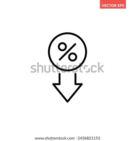 Black single percent rate down line icon, simple financial lower percent flat design pictogram, infographic interface elements for app logo web website button ui ux isolated on white background