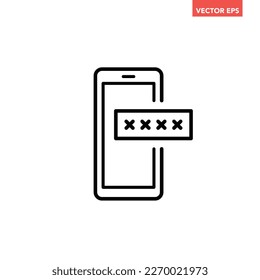Black single phone with encrypted password line icon, multi factor authentication flat design pictogram, infographic vector for app logo web button ui ux interface element isolated on white background
