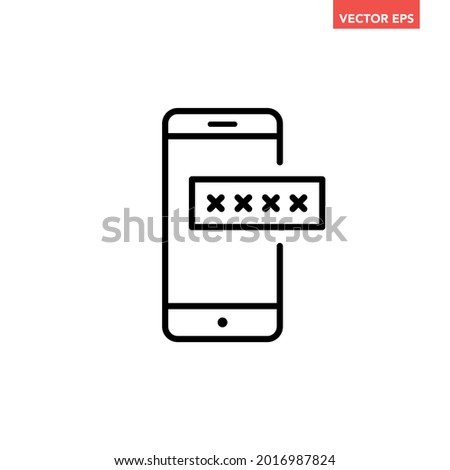 Black single phone with encrypted password line icon, multi factor authentication flat design pictogram, infographic vector for app logo web button ui ux interface element isolated on white background