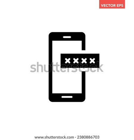 Black single phone with encrypted password fill icon, multi factor authentication flat design pictogram, infographic vector for app logo web button ui ux interface element isolated on white background