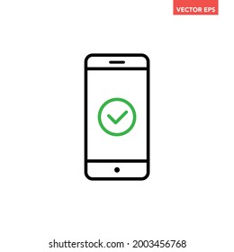 Black single phone with green tick line icon, simple digital successful process flat design pictogram, infographic vector for app logo web button ui ux interface elements isolated on white background