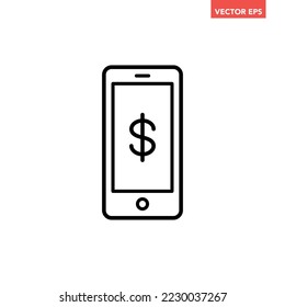 Black single phone money transaction line icon, simple digital online shopping flat design pictogram, infographic vector for app logo web button ui ux interface elements isolated on white background