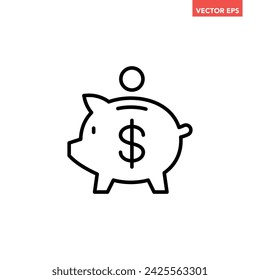 Black single piggy bank thin line icon, simple financial money saving flat design vector pictogram, infographic interface elements for app logo web button ui ux isolated on white background